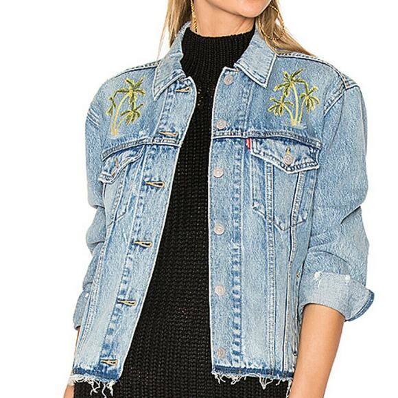NWT Women's  Levi's Ex-boyfriend Palm Tree Jean Denim Jacket Revolve Size Small - Picture 2 of 8